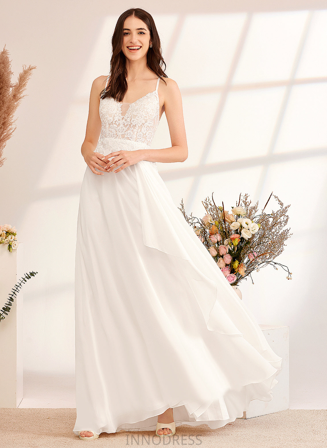 Lace V-neck With Dress Floor-Length Wedding Sequins A-Line Chiffon Eileen Wedding Dresses