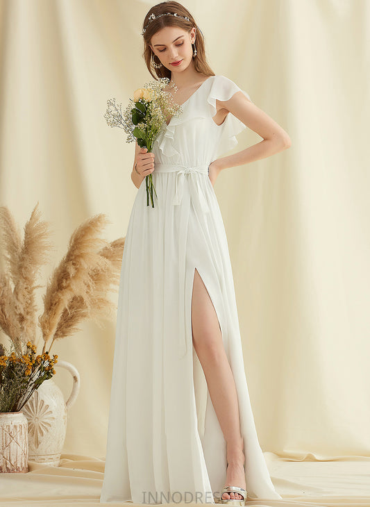 A-Line Chiffon With Wedding Cascading Floor-Length Cassidy Split Wedding Dresses Front V-neck Ruffles Dress