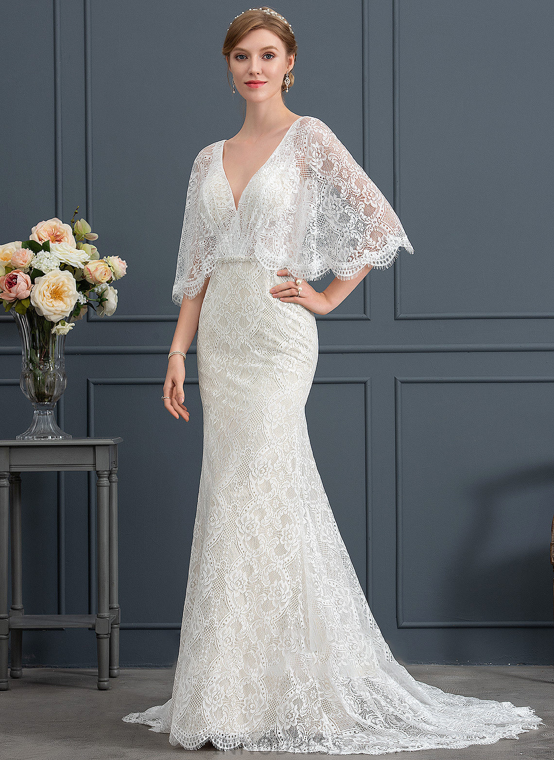 Beading V-neck Wedding With Sweep Wedding Dresses Dress Trumpet/Mermaid Lace Yadira Sequins Train