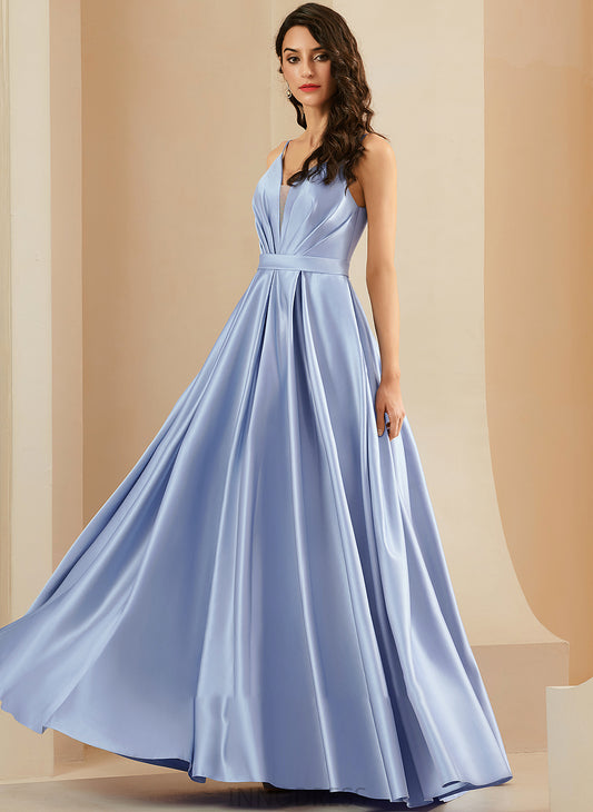 Ball-Gown/Princess Satin V-neck Prom Dresses With Pockets Floor-Length Abagail Ruffle