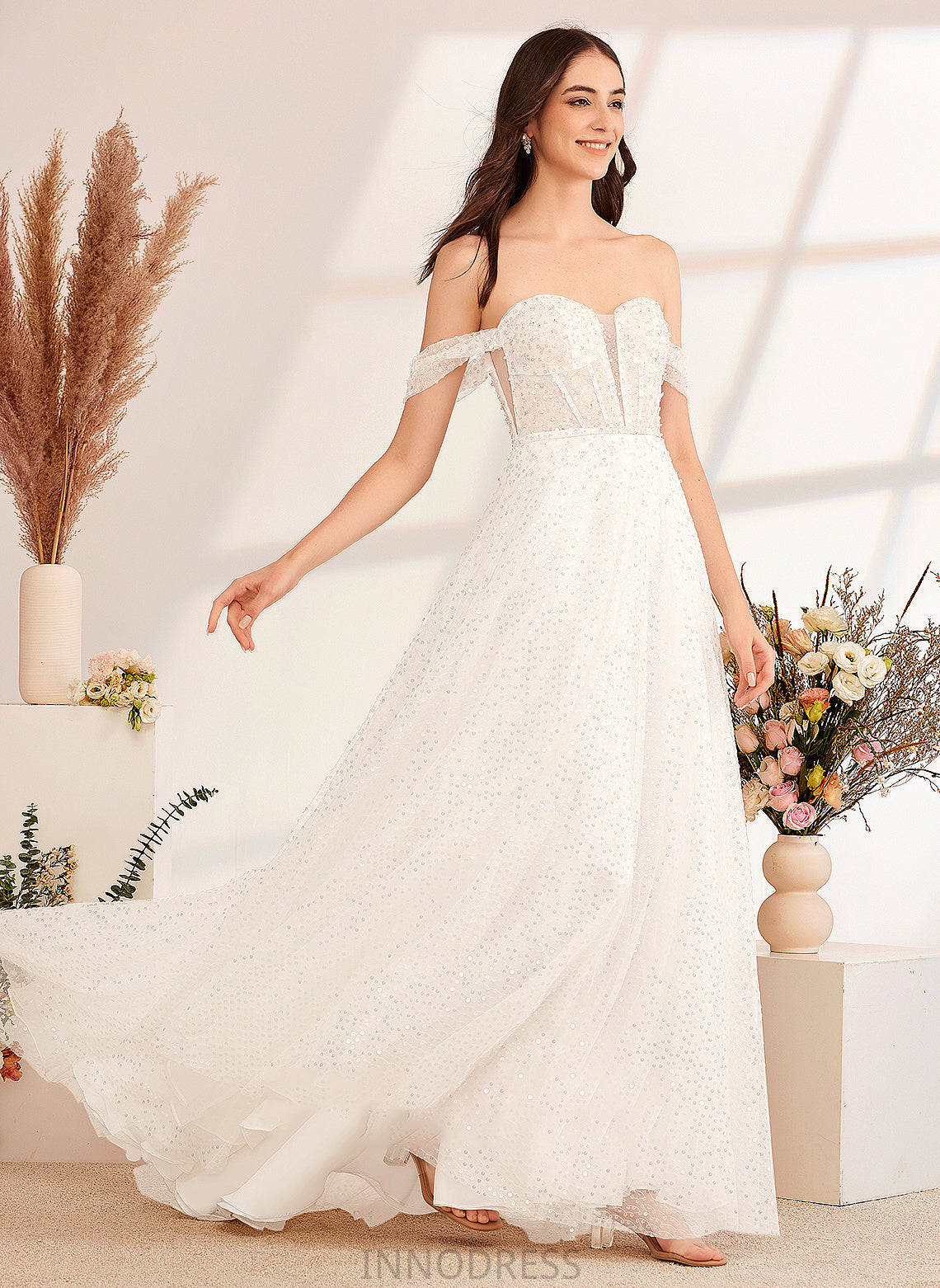 Clara A-Line Sequins Wedding Dresses Wedding Off-the-Shoulder Sweep Train With Dress