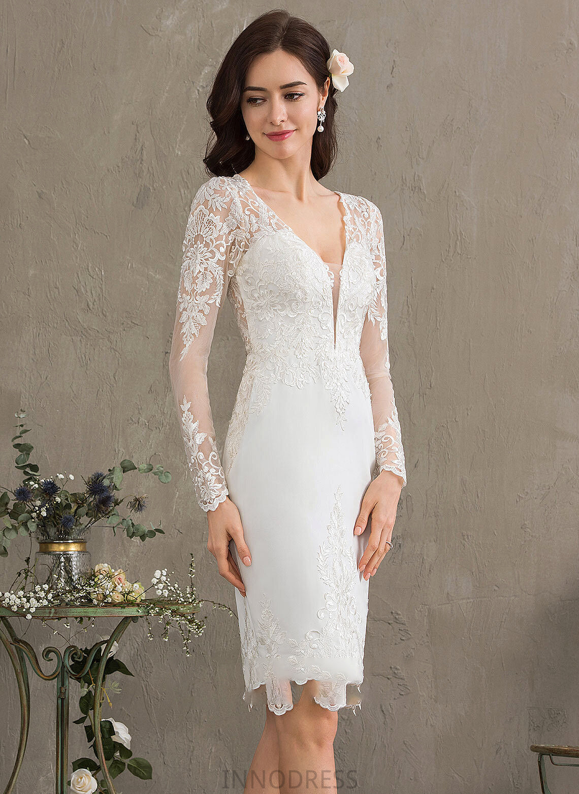 Crepe Dress Stretch Wedding Knee-Length Sheath/Column V-neck Wedding Dresses Natalia