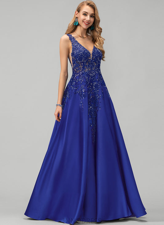 Floor-Length A-Line Sequins V-neck Prom Dresses Ina With Lace Satin