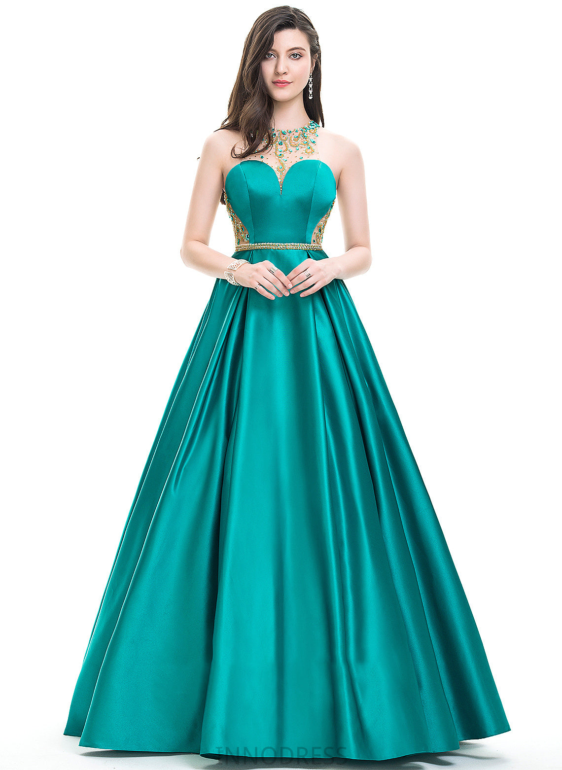 Scoop Satin Beading Floor-Length Taylor Sequins Neck Ball-Gown/Princess With Prom Dresses