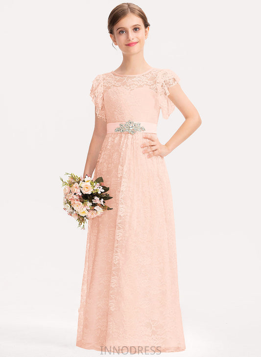 Bow(s) Cascading Lyric Lace A-Line Floor-Length Neck Junior Bridesmaid Dresses Beading With Scoop Ruffles