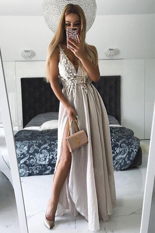 A Line Floor Length Deep V Neck Sleeveless Appliques Side Slit Long Prom Dresses