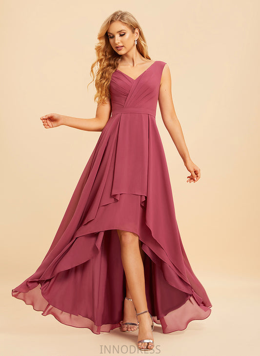 Fabric A-Line Asymmetrical Ruffle Silhouette V-neck Length Neckline Embellishment Kyleigh Natural Waist A-Line/Princess Bridesmaid Dresses