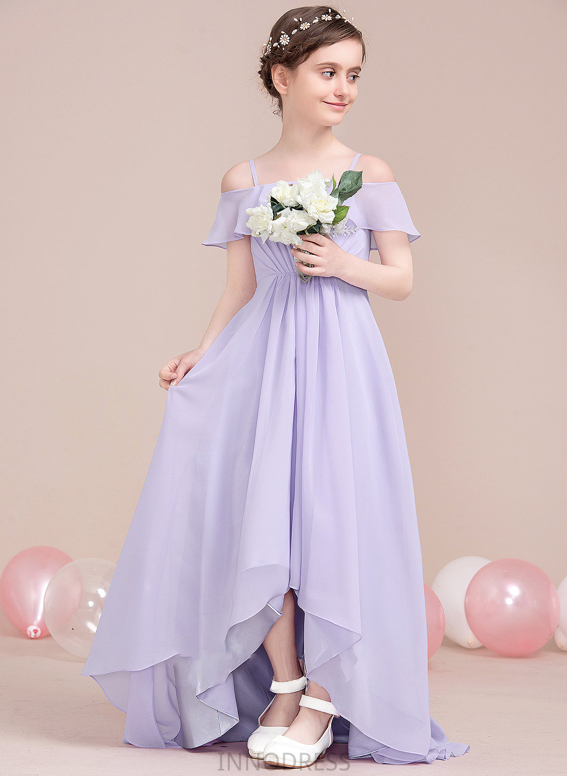 Madeline Cascading Asymmetrical With Ruffles Junior Bridesmaid Dresses Chiffon Off-the-Shoulder A-Line