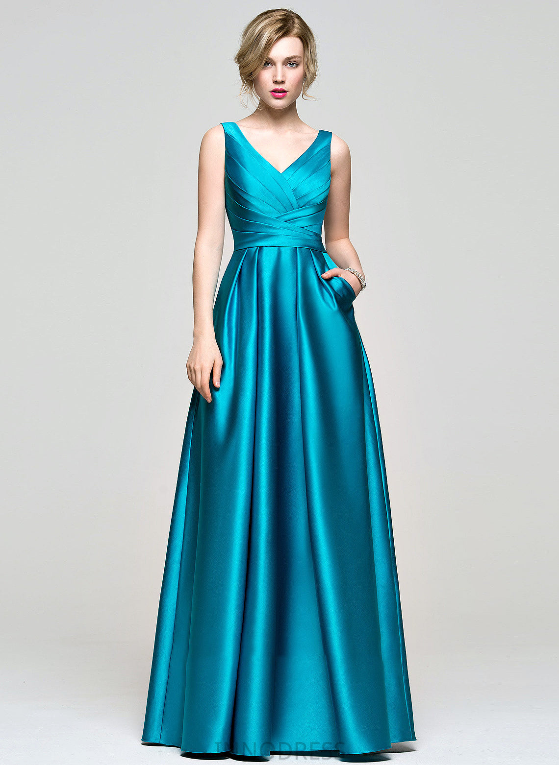 Ball-Gown/Princess Ruffle Pockets Floor-Length Satin Lilian V-neck With Prom Dresses