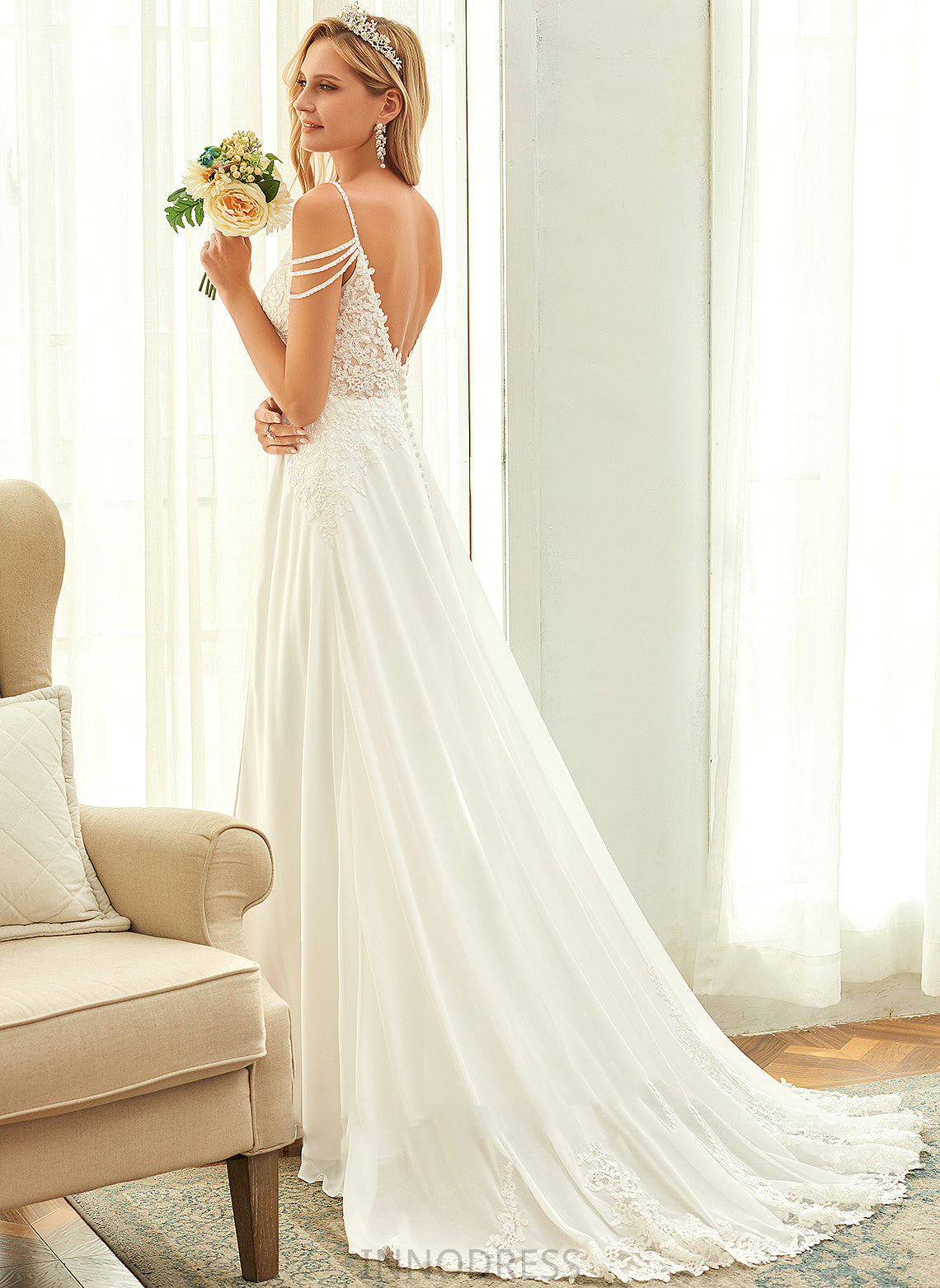 Train Lace V-neck Wedding Dresses Wedding With Chiffon Sequins Sweep A-Line Dress Desiree Beading