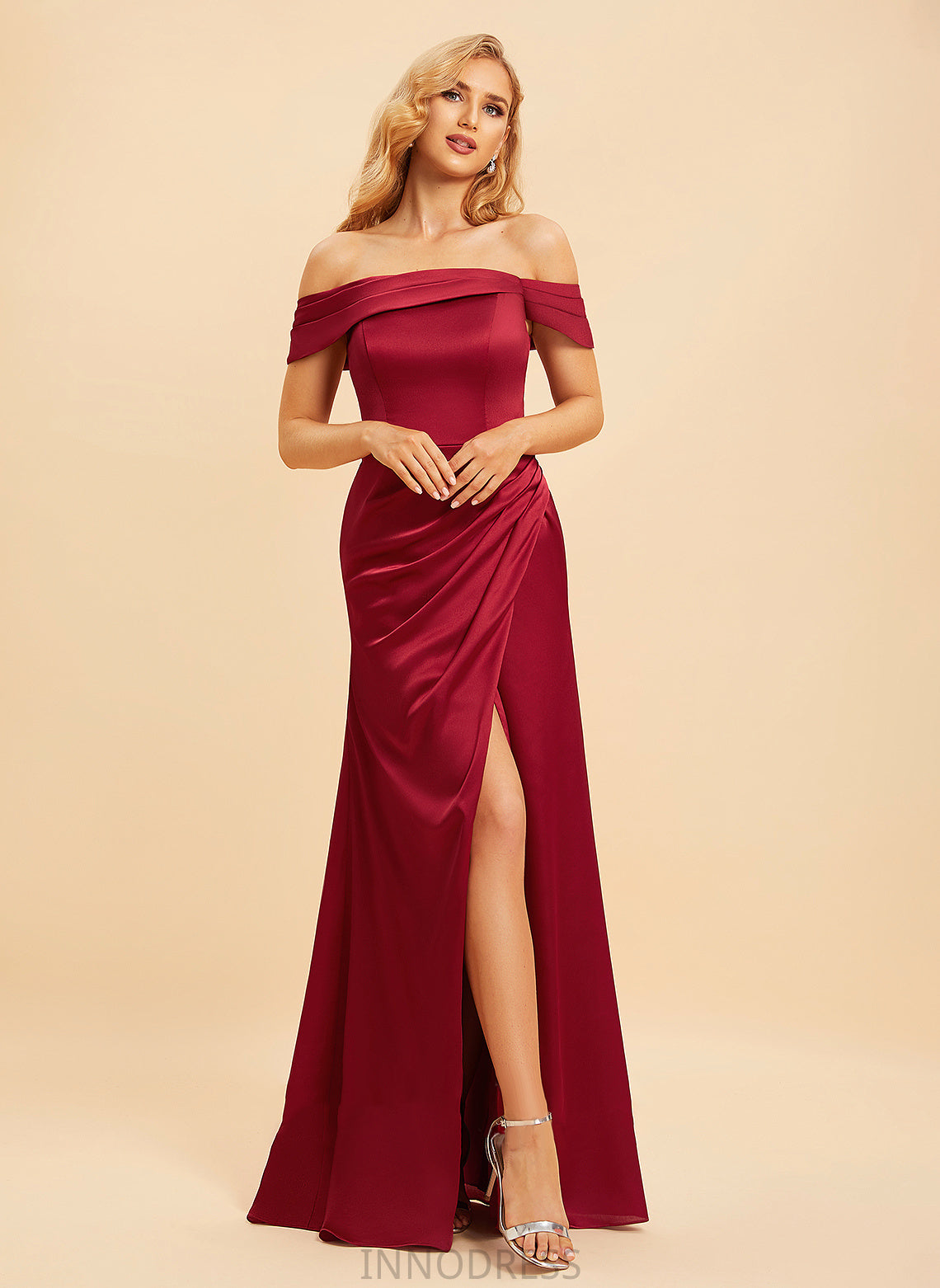 Neckline Embellishment Off-the-Shoulder Floor-Length Length Fabric A-Line SplitFront Silhouette Marely Sleeveless Scoop Bridesmaid Dresses