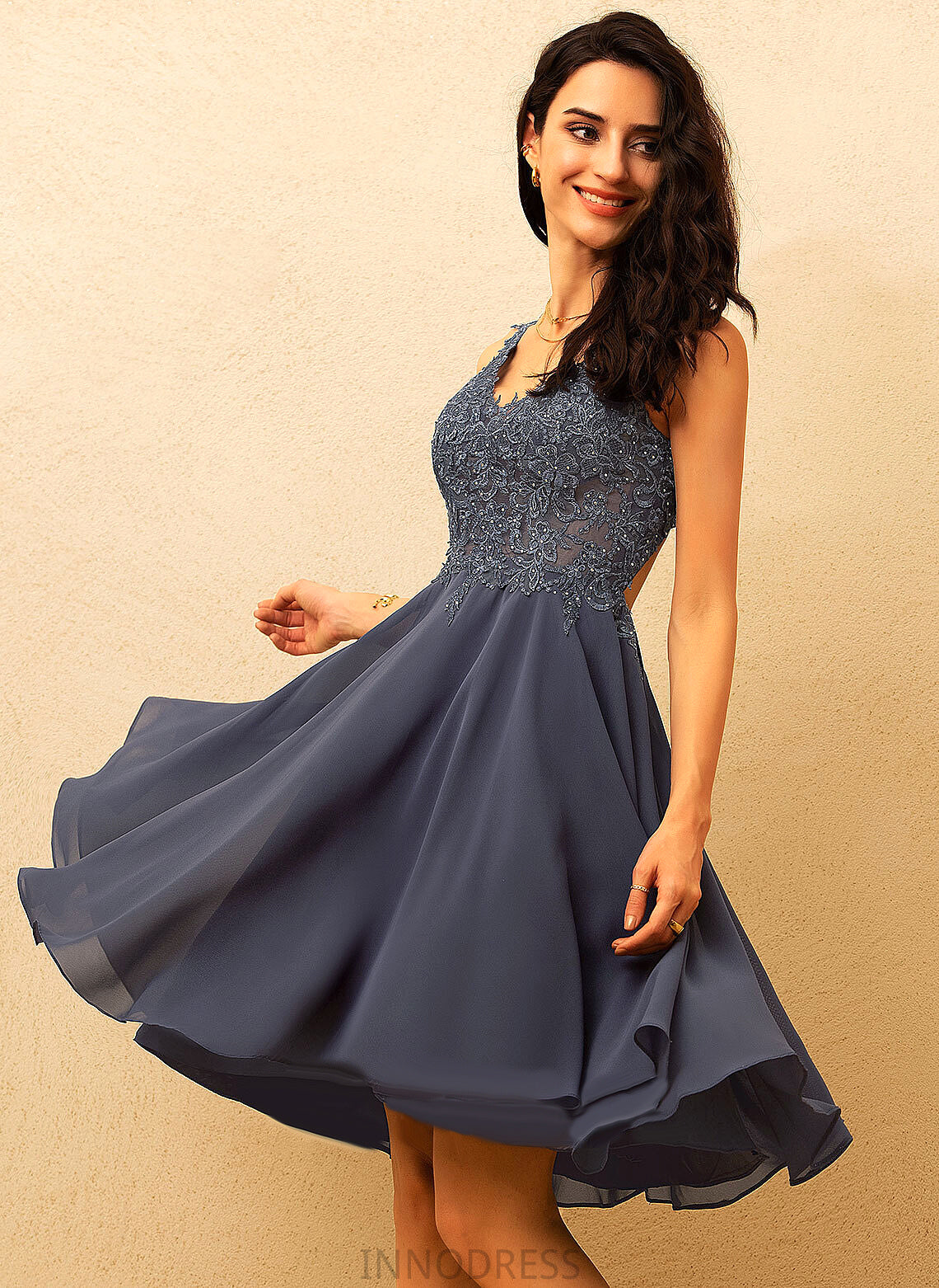 V-neck Beading Silhouette A-Line Embellishment Length Short/Mini Fabric Neckline Kianna Bridesmaid Dresses