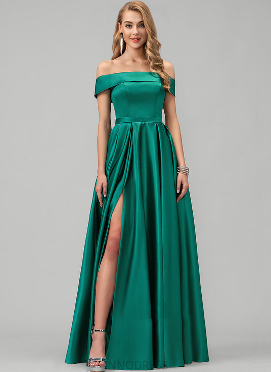 Floor-Length Satin Pockets Split Front Off-the-Shoulder With Ashleigh Ball-Gown/Princess Prom Dresses