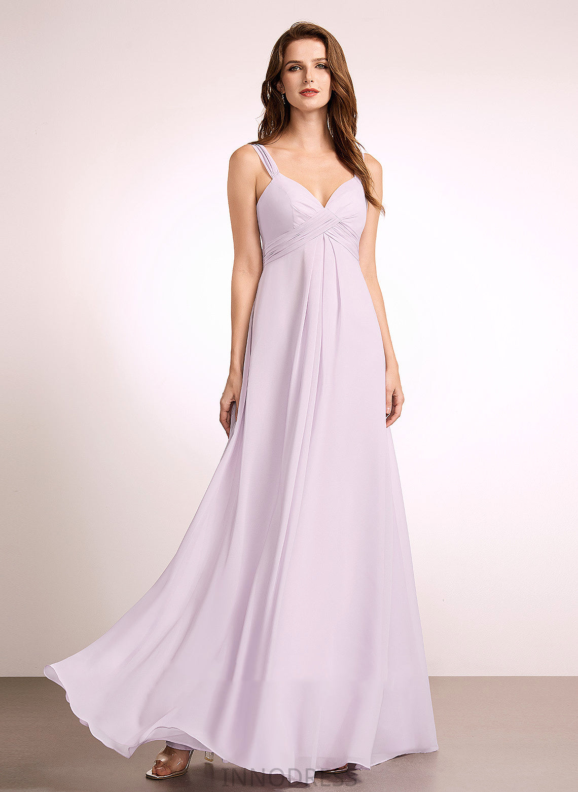 A-Line Embellishment Silhouette Length Fabric Floor-Length Ruffle Neckline V-neck Angelique Natural Waist Sleeveless Bridesmaid Dresses