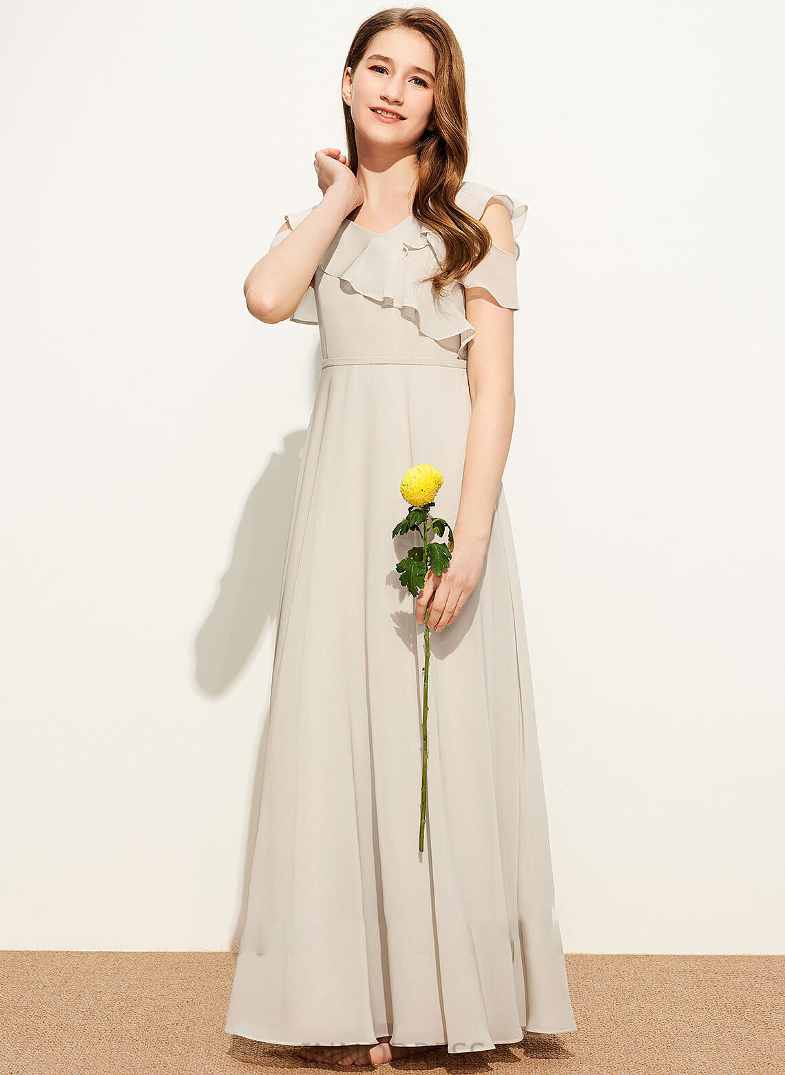 Floor-Length Ruffles Cascading Morgan Junior Bridesmaid Dresses Chiffon V-neck With A-Line