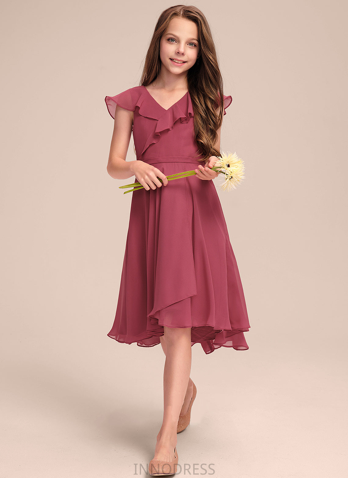 Cascading V-neck Chiffon April Ruffles Junior Bridesmaid Dresses With A-Line Asymmetrical