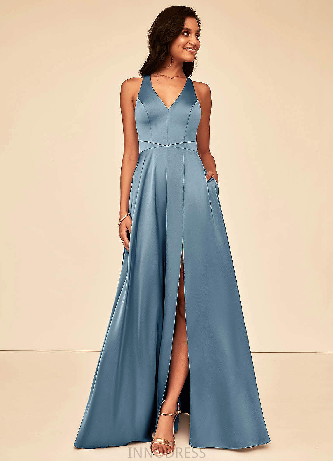 Paola A-Line/Princess Floor Length Natural Waist V-Neck Bridesmaid Dresses