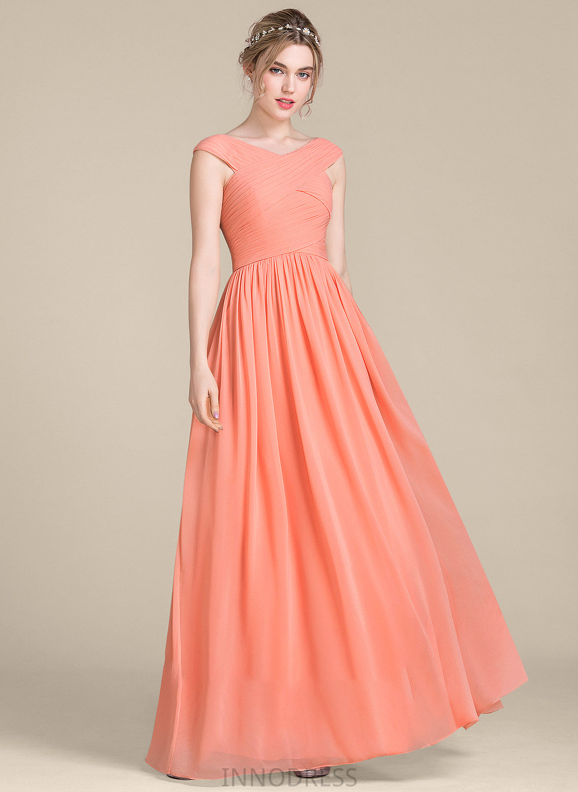 V-neck Chiffon Prom Dresses With Ruffle Ball-Gown/Princess Ryan Floor-Length