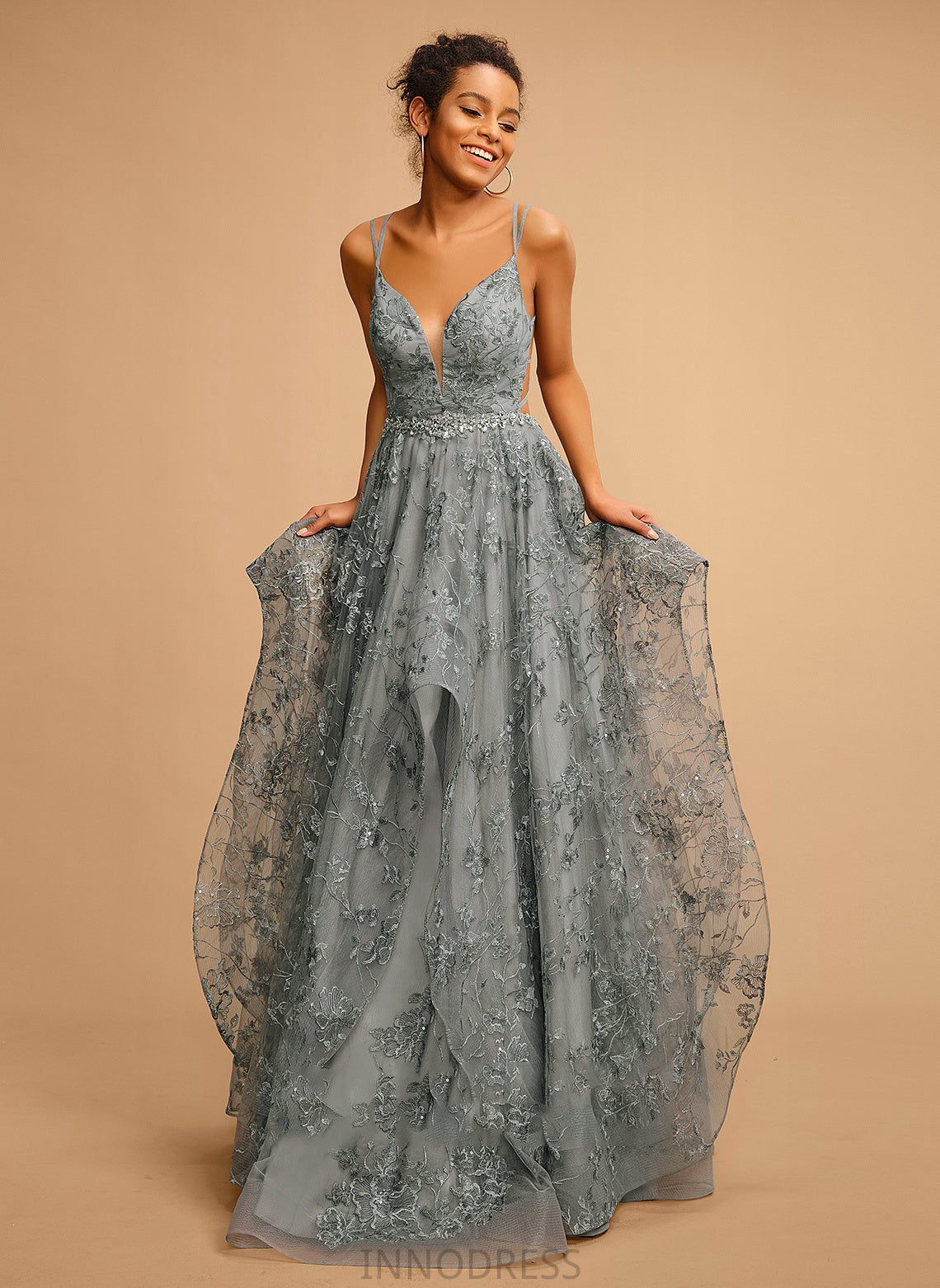 Sandy Ball-Gown/Princess Floor-Length V-neck Tulle Prom Dresses