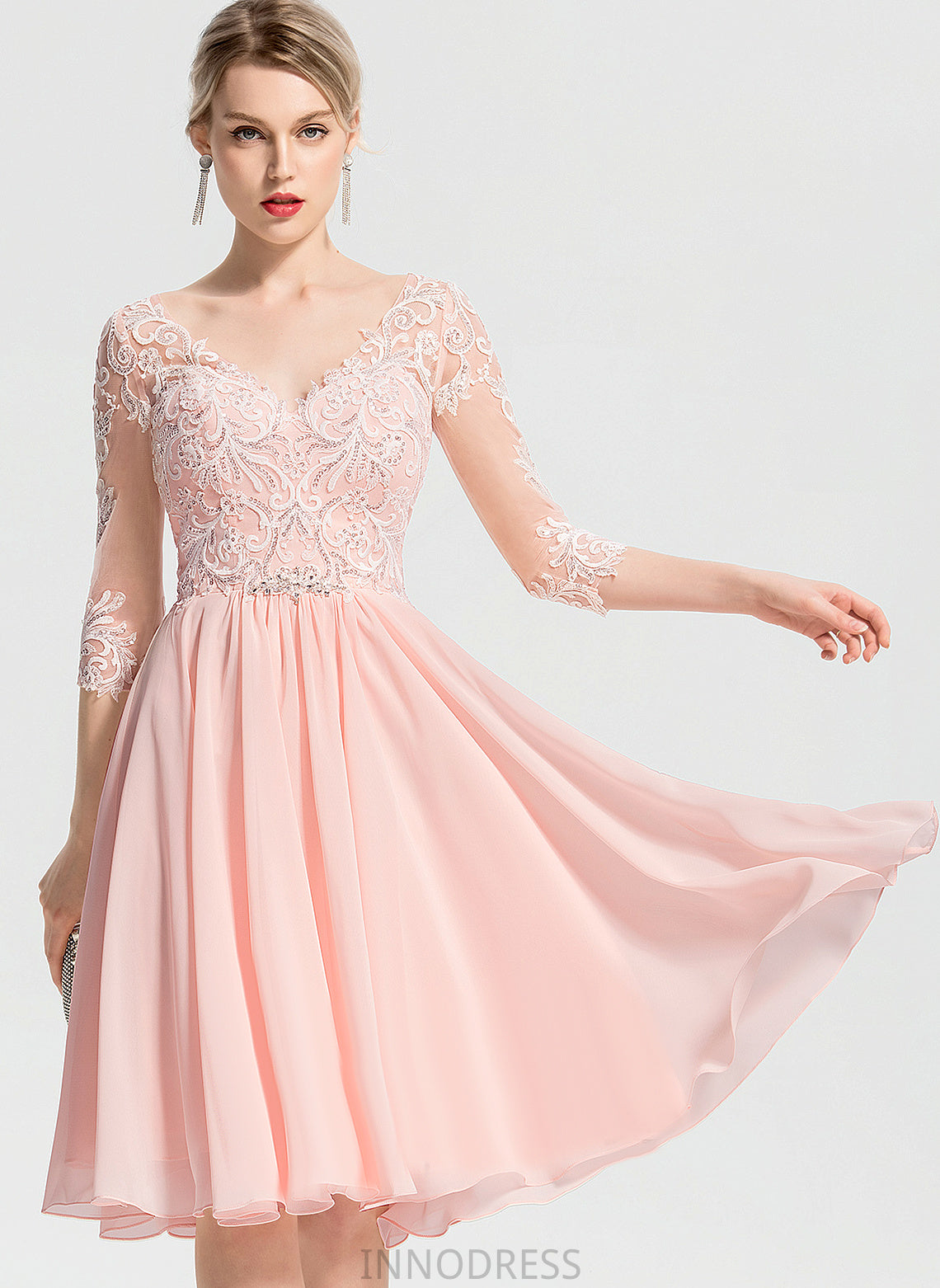 With Lace Knee-Length Theresa Wedding V-neck Dress A-Line Wedding Dresses Chiffon Beading