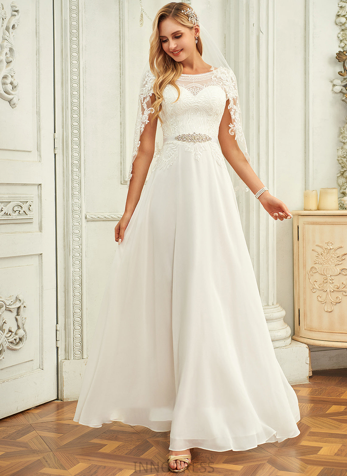 Elizabeth Sequins Neck Floor-Length Chiffon Wedding Dress With A-Line Lace Scoop Wedding Dresses