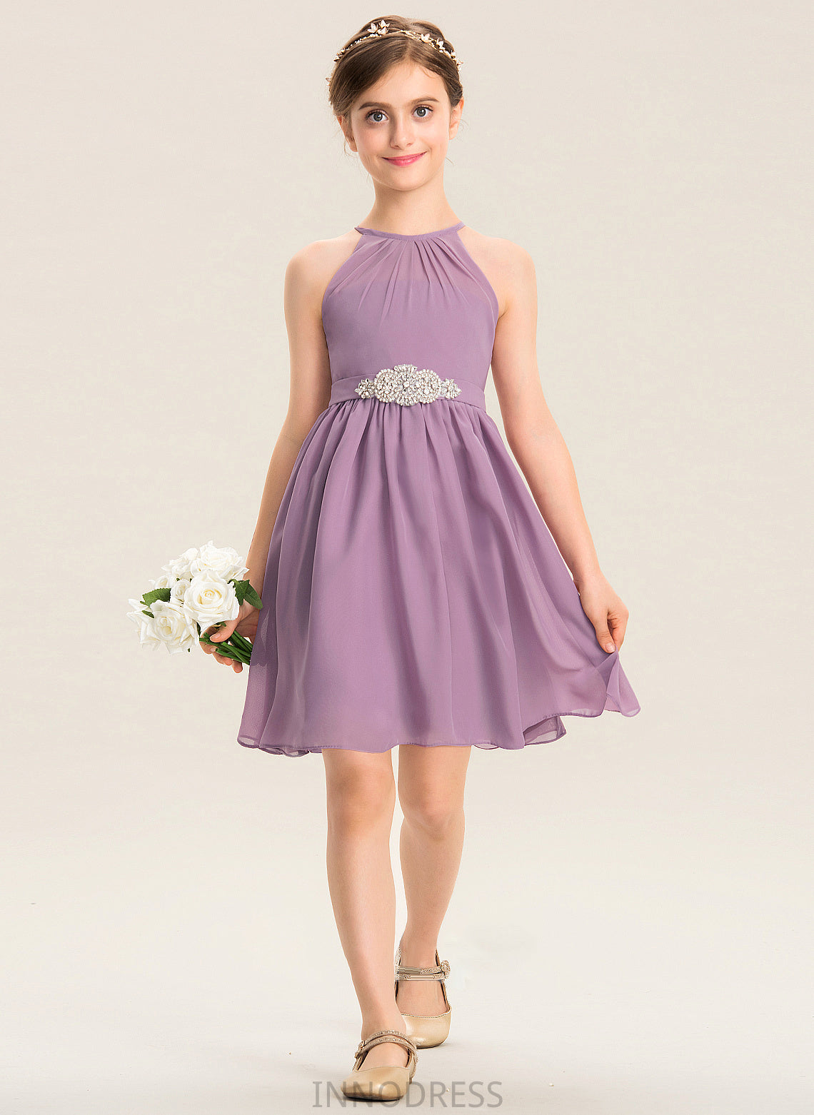 Scoop Annika A-Line Ruffle Neck Beading Junior Bridesmaid Dresses With Chiffon Knee-Length