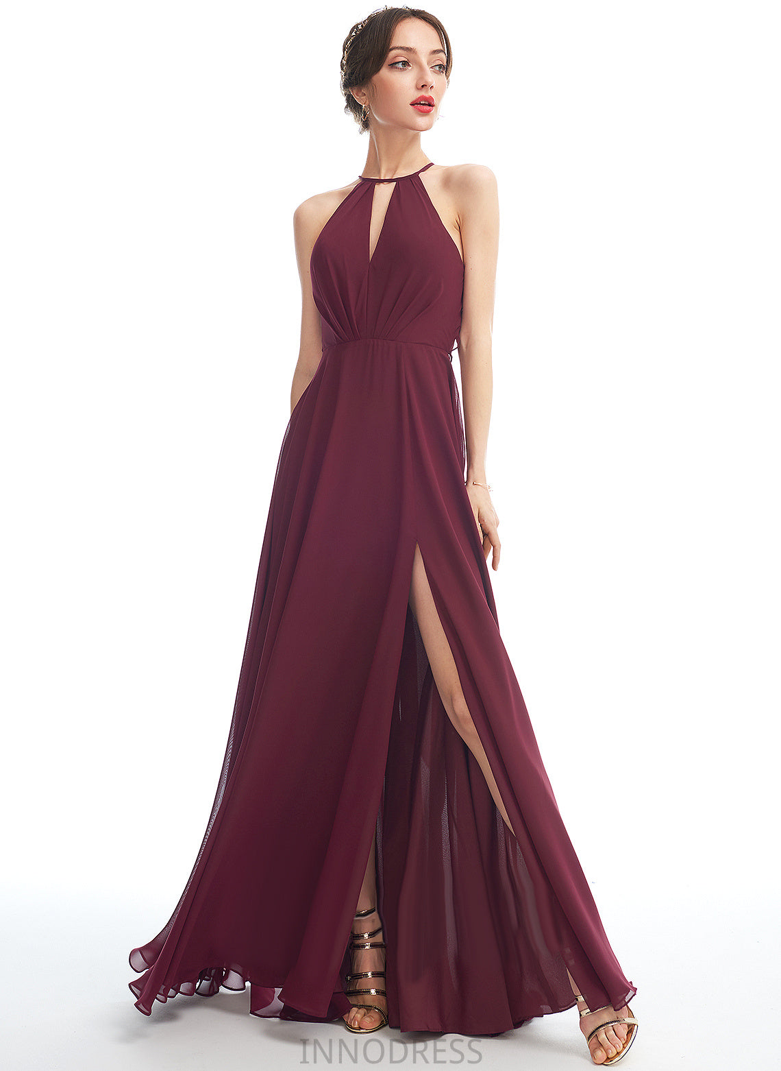 Embellishment SplitFront Silhouette Floor-Length Length Fabric Halter A-Line Neckline Lilly Floor Length Sheath/Column Bridesmaid Dresses