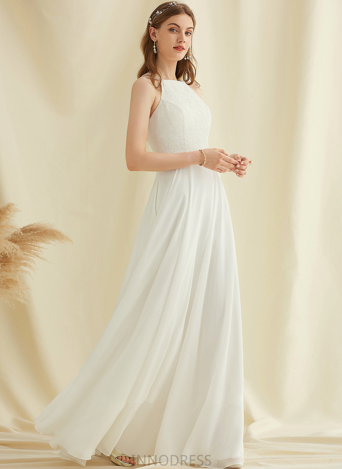 Chiffon Pockets Floor-Length Scoop A-Line Wedding Dresses With Dress Neck Sophia Lace Wedding