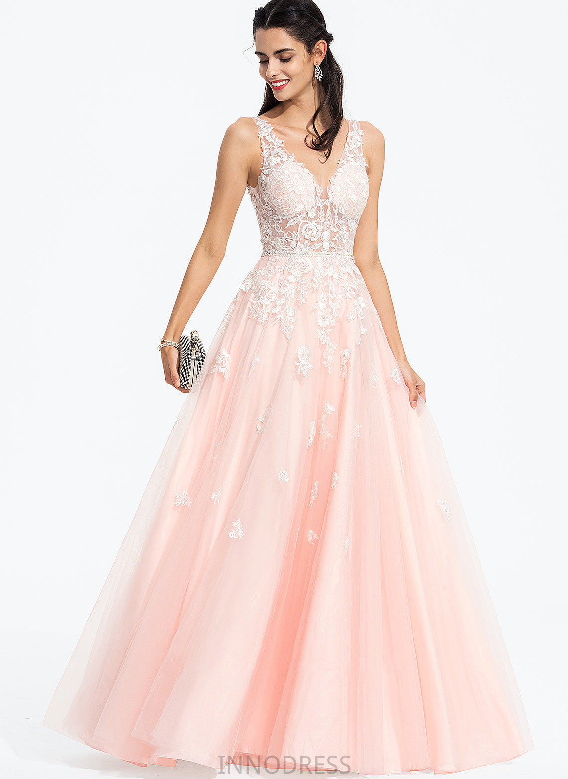 V-neck Prom Dresses Floor-Length Tulle With Beading Marlie Sequins Ball-Gown/Princess