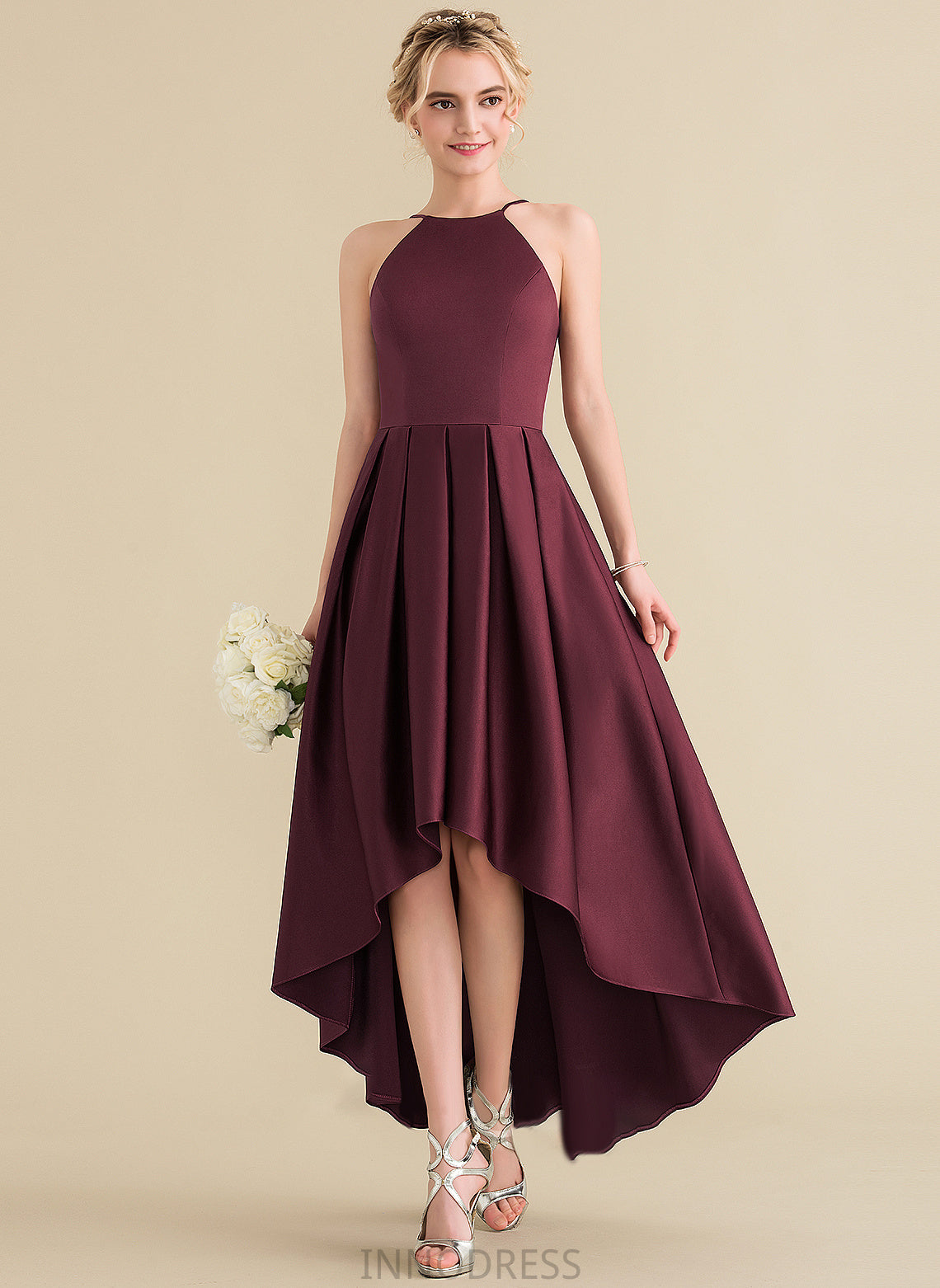 Asymmetrical Ball-Gown/Princess Satin With Scoop Neck Paige Prom Dresses Ruffle