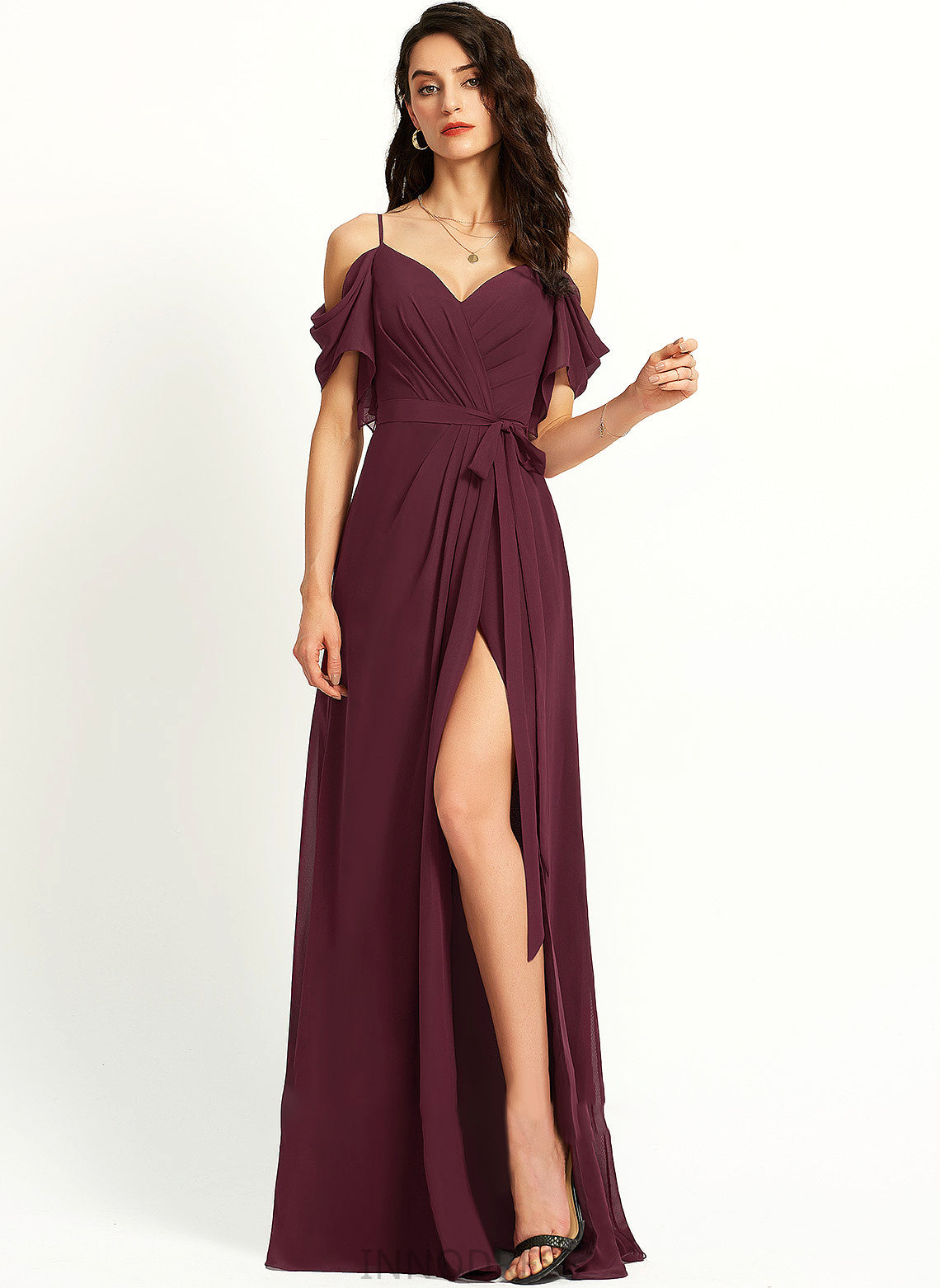 Ruffle Makena Prom Dresses With V-neck Floor-Length A-Line Front Split