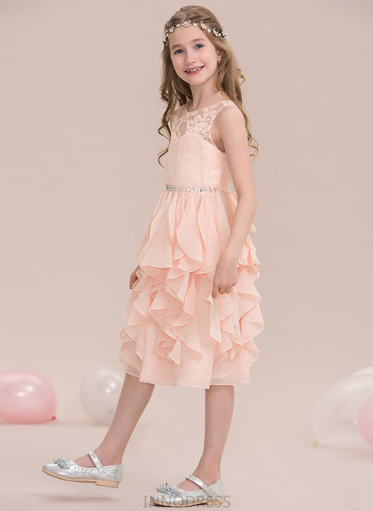 Junior Bridesmaid Dresses Neck A-Line Zion Knee-Length Sequins Ruffles Chiffon With Scoop Cascading Beading