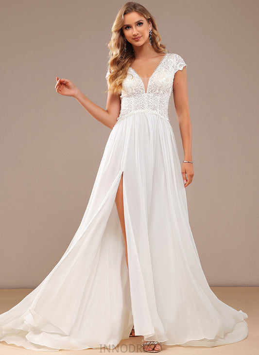 Chiffon Wedding V-neck Lace Dress Stella Front Train Sweep Wedding Dresses Lace A-Line With Split