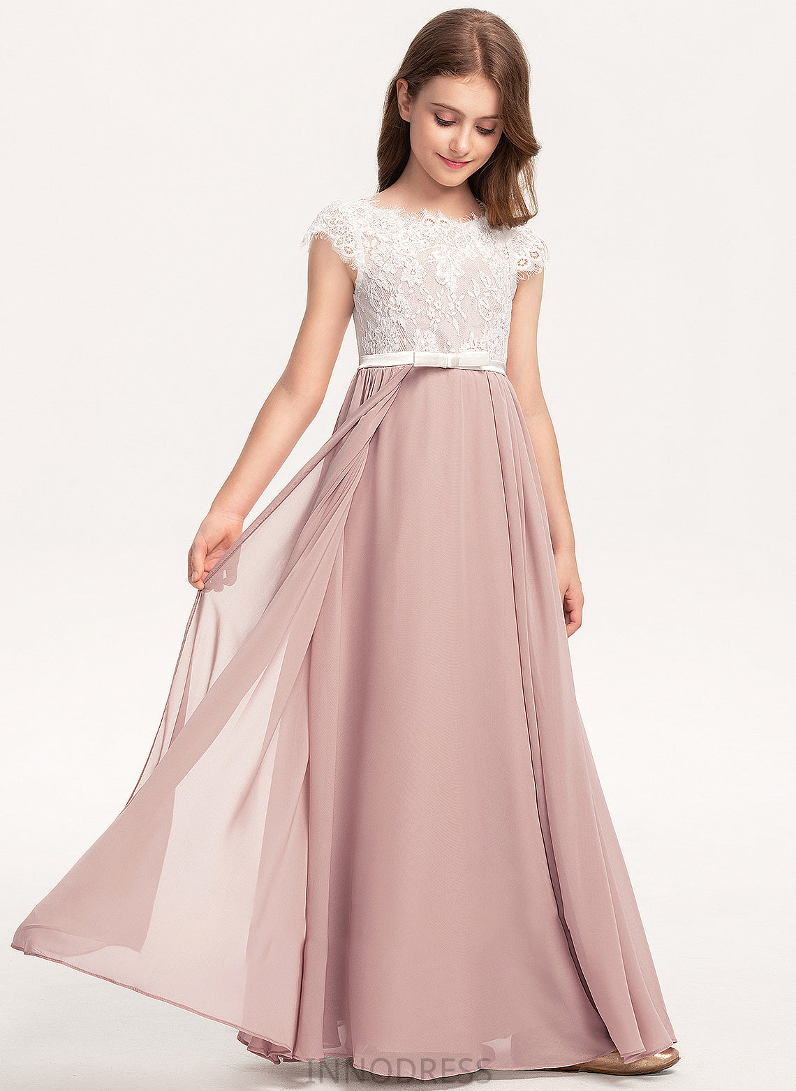 Chasity A-Line Chiffon Lace Bow(s) Floor-Length Scoop Neck With Junior Bridesmaid Dresses