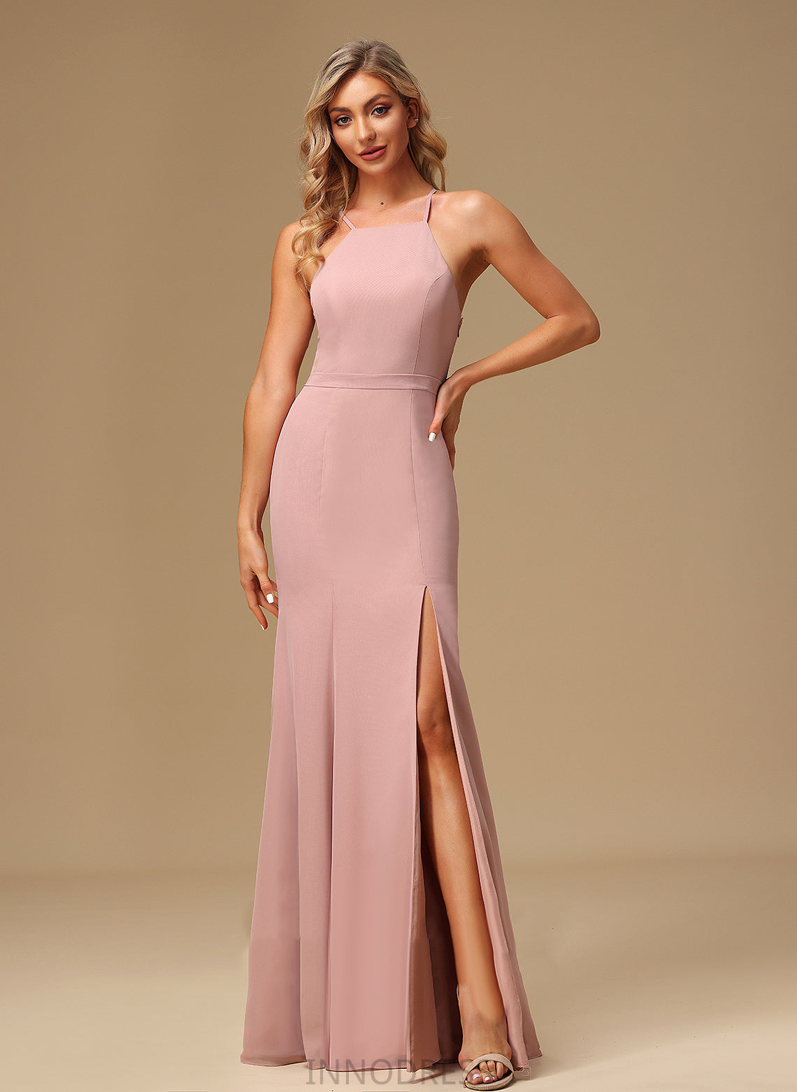 Length Embellishment SplitFront Neckline Floor-Length Silhouette Fabric HighNeck Lace A-Line Sandy Natural Waist Bridesmaid Dresses