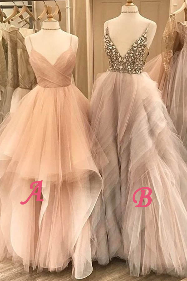 A Line Floor Length Deep V Neck Spaghetti Sleeveless Beading Ruffles Prom Dresses