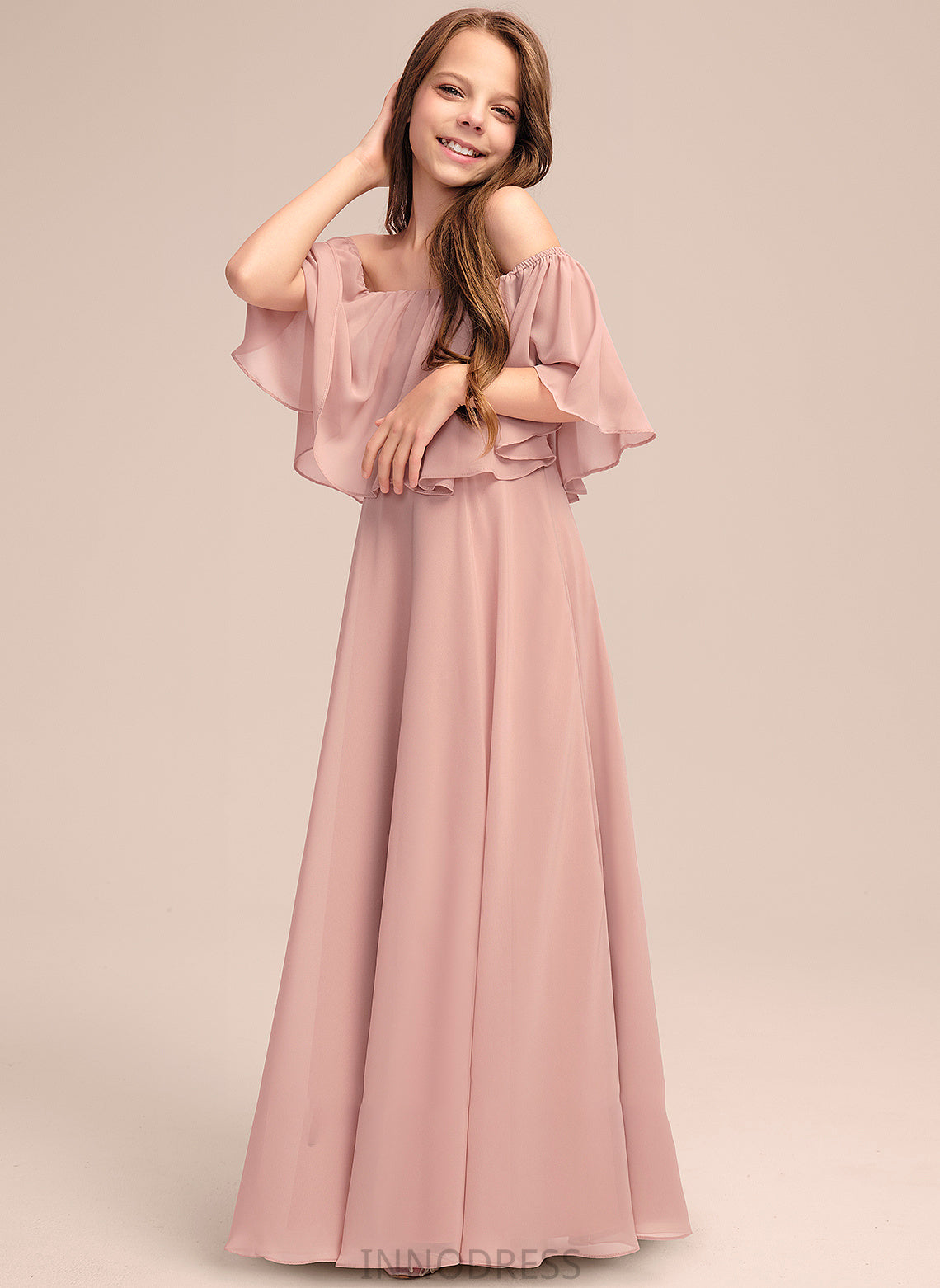 With Hallie A-Line Floor-Length Off-the-Shoulder Ruffle Chiffon Junior Bridesmaid Dresses