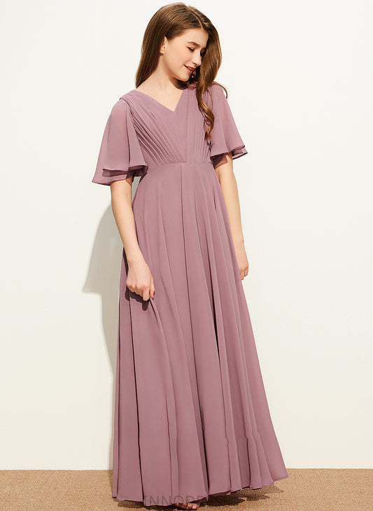 Floor-Length With Chiffon Dulce Ruffle A-Line Junior Bridesmaid Dresses V-neck