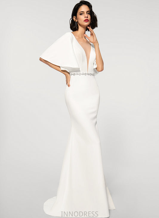 Trumpet/Mermaid Sweep Wedding Wedding Dresses With V-neck Dress Train Stretch Beading Hayden Crepe