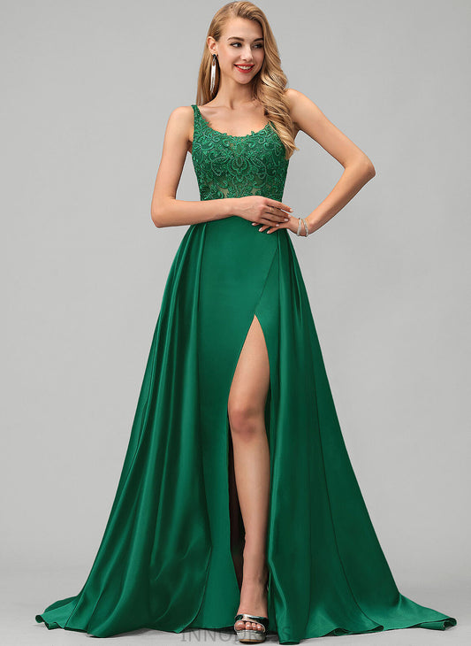 Split Lace Shayna With Neckline Train Prom Dresses Sequins Satin Front Square A-Line Sweep