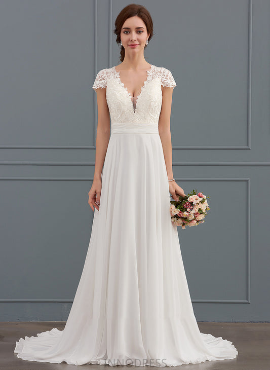 A-Line With Wedding Chiffon V-neck Train Sweep Ruffle Dress Wedding Dresses Yoselin