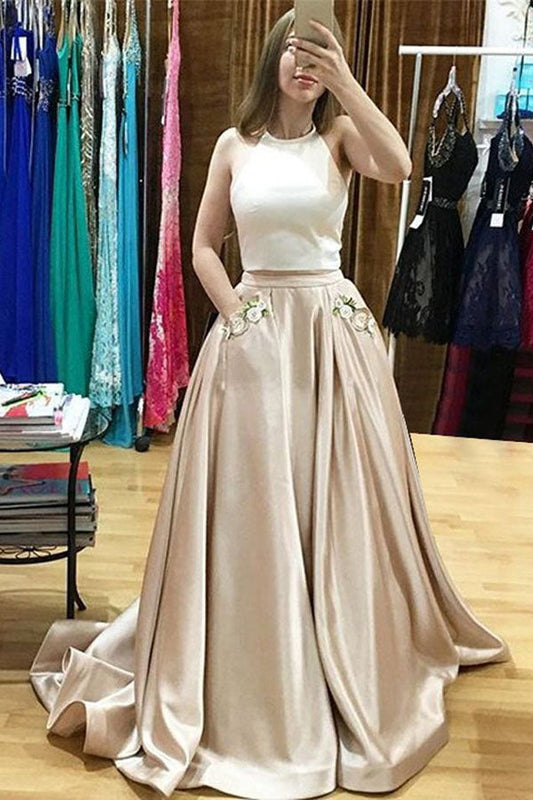 Two Piece A Line Brush Train Halter Sleeveless Embroidery Prom Dresses