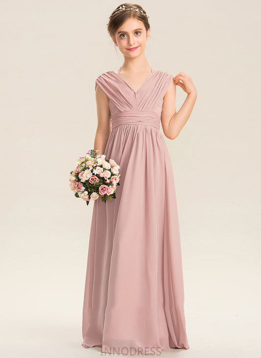 Ruffle V-neck A-Line With Floor-Length Amina Chiffon Bow(s) Junior Bridesmaid Dresses