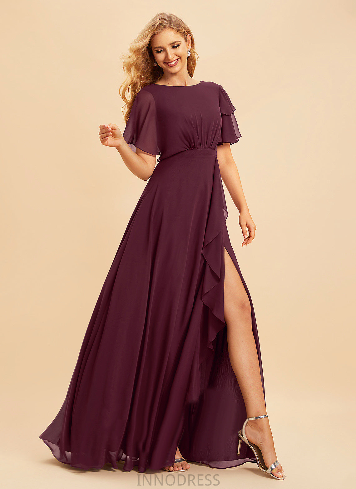 A-Line Embellishment ScoopNeck Ruffle Length Silhouette Neckline SplitFront Floor-Length Fabric Krystal V-Neck Bridesmaid Dresses