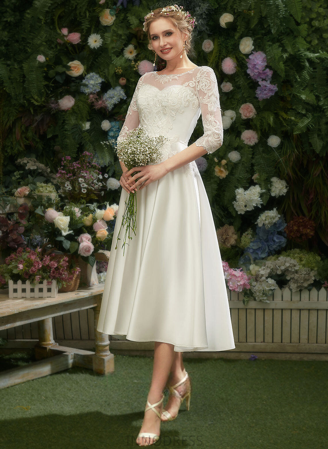 Sylvia Illusion Wedding Satin Wedding Dresses Tea-Length A-Line Lace Dress