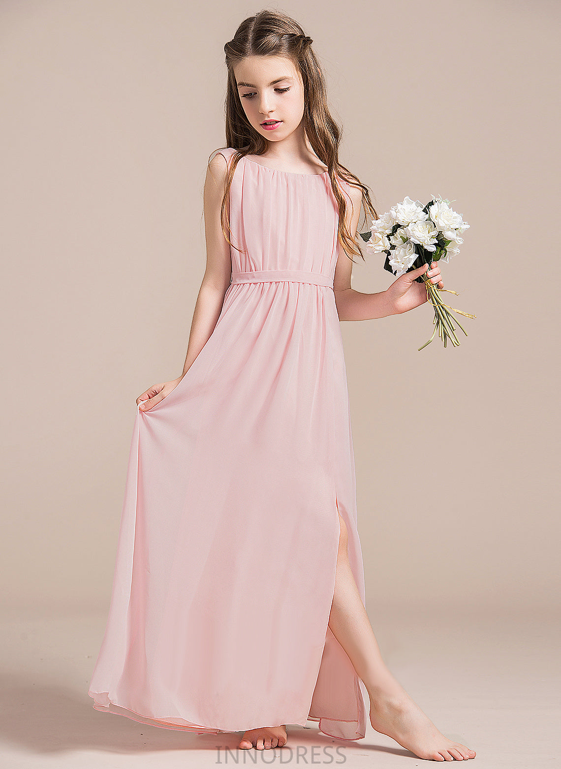 Split Ruffle Floor-Length Front Junior Bridesmaid Dresses A-Line With Hailie Neck Chiffon Scoop