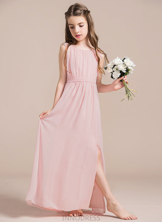 Split Ruffle Floor-Length Front Junior Bridesmaid Dresses A-Line With Hailie Neck Chiffon Scoop