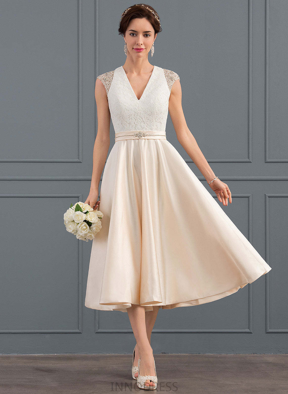 V-neck Lace Dress Satin Kaliyah Wedding Dresses A-Line Beading Sequins Tea-Length Wedding With