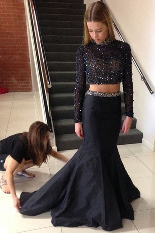 Black Two Piece Trumpet Sweep Train Long Sleeve Beading Prom Dresses