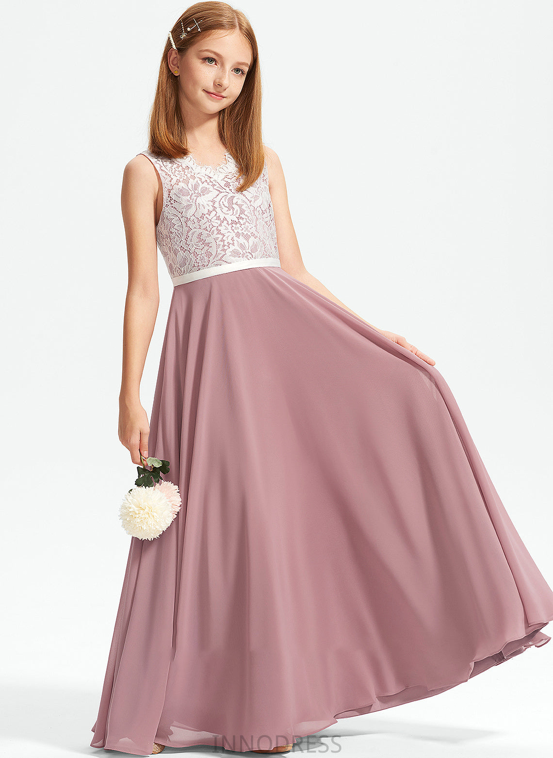 V-neck Floor-Length A-Line Junior Bridesmaid Dresses Lace Chiffon Kylie